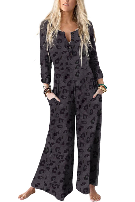 Gray Printed Buttoned Bodice Wide Leg Leopard Jumpsuit