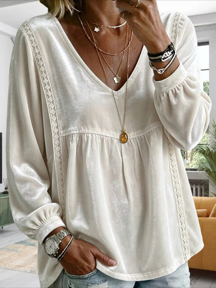 V-Neck Lace Trim Long Sleeve Velvet Blouse