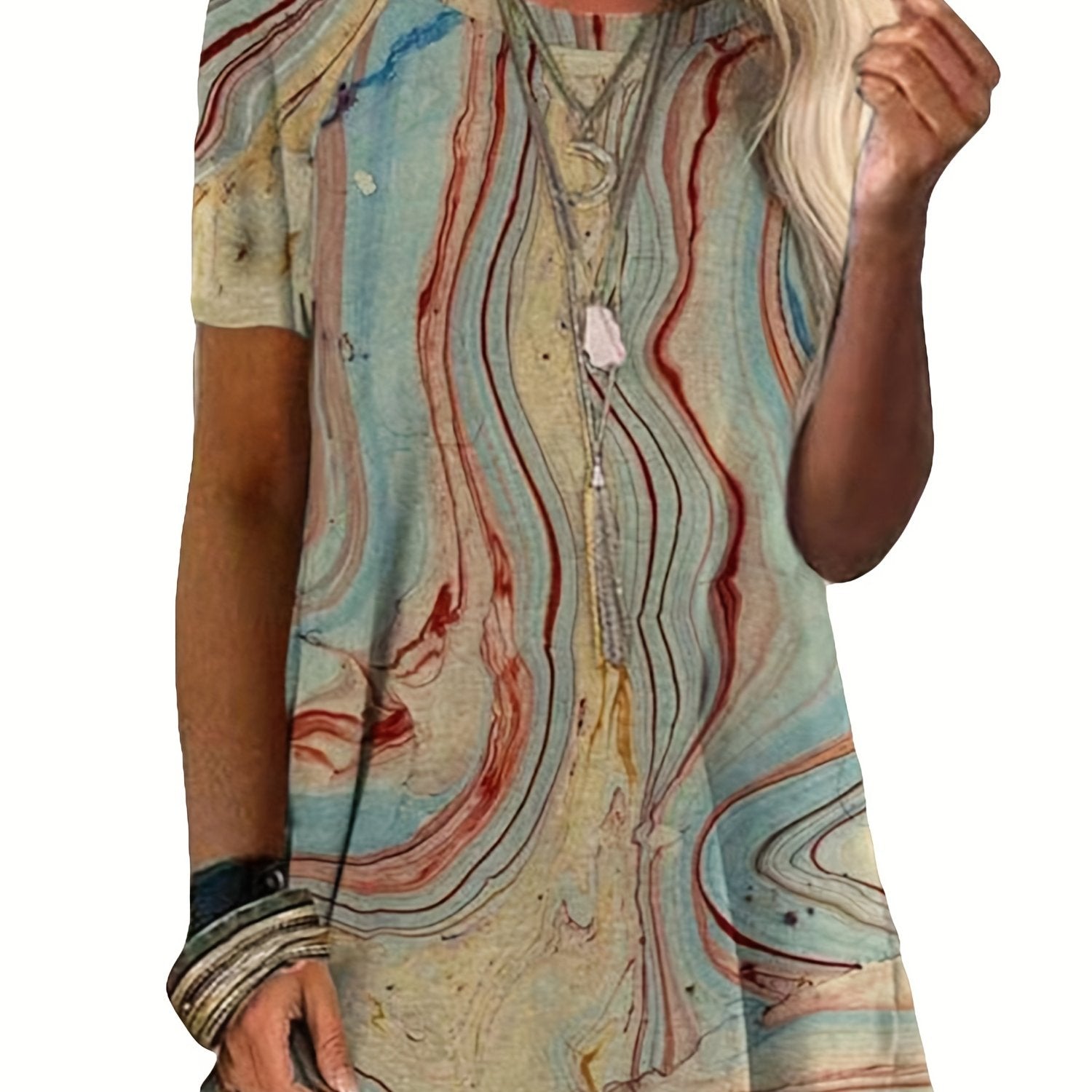 Marble Print Crew Neck T-shirt, Casual Short Sleeve Summer Mid Length T-shirt