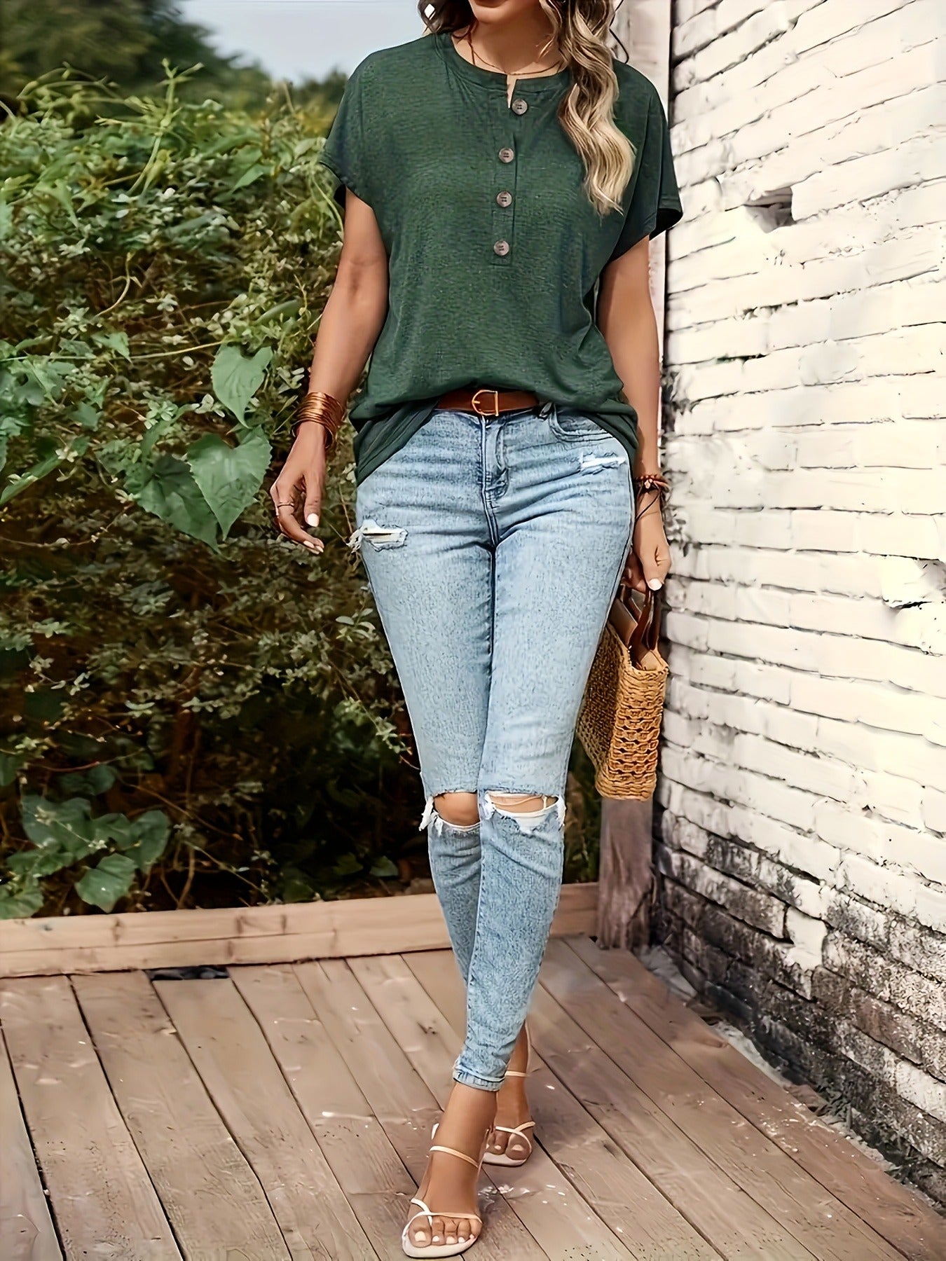 Button Front Solid T-shirt, Casual Short Sleeve T-shirt
