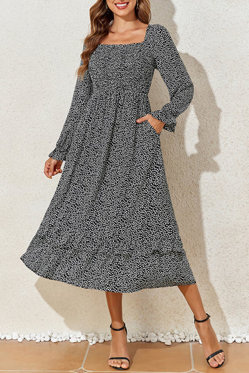 Black Floral Printed Long Sleeve Square Neck Midi Dress