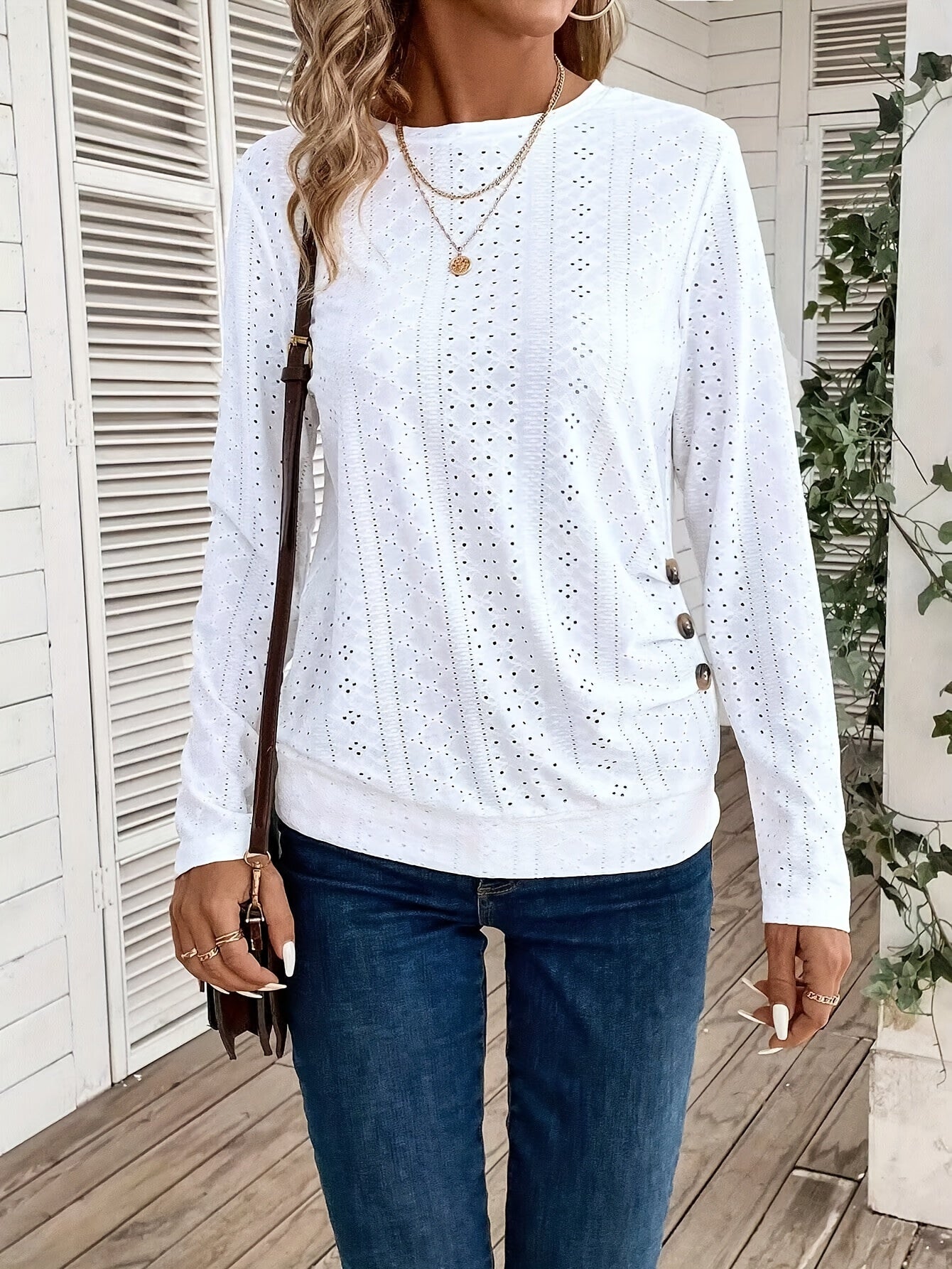 Hollow Button Decor Crew Neck T-Shirt, Elegant Long Sleeve T-Shirt
