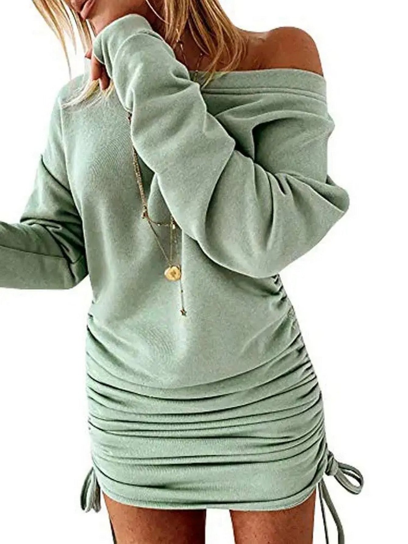 Solid Drawstring Pullover Sweatshirt Dress, Casual Ruched Long Sleeve Sweatshirt Dress