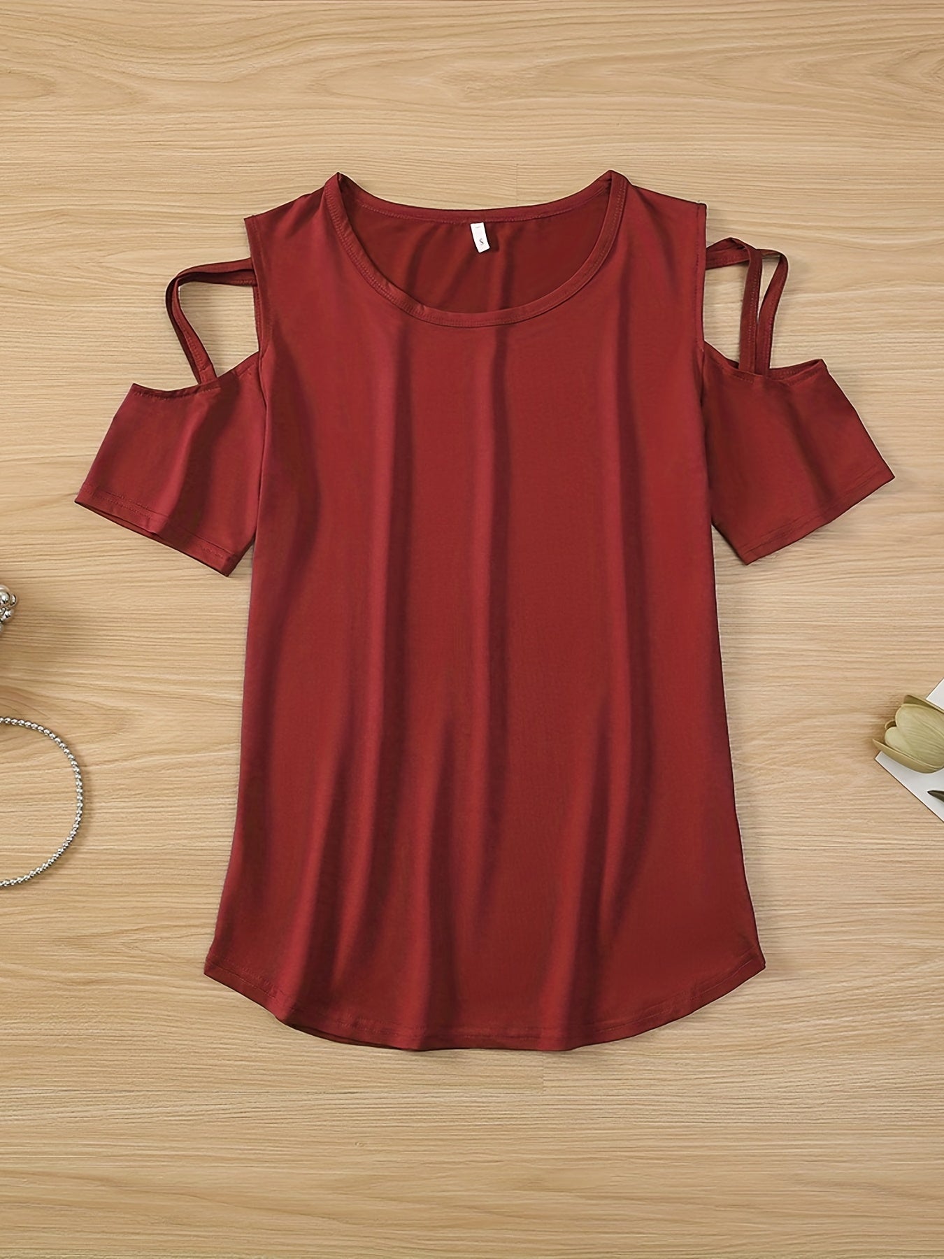 Solid Cold Shoulder T-shirt, Casual Crew Neck Short Sleeve T-shirt