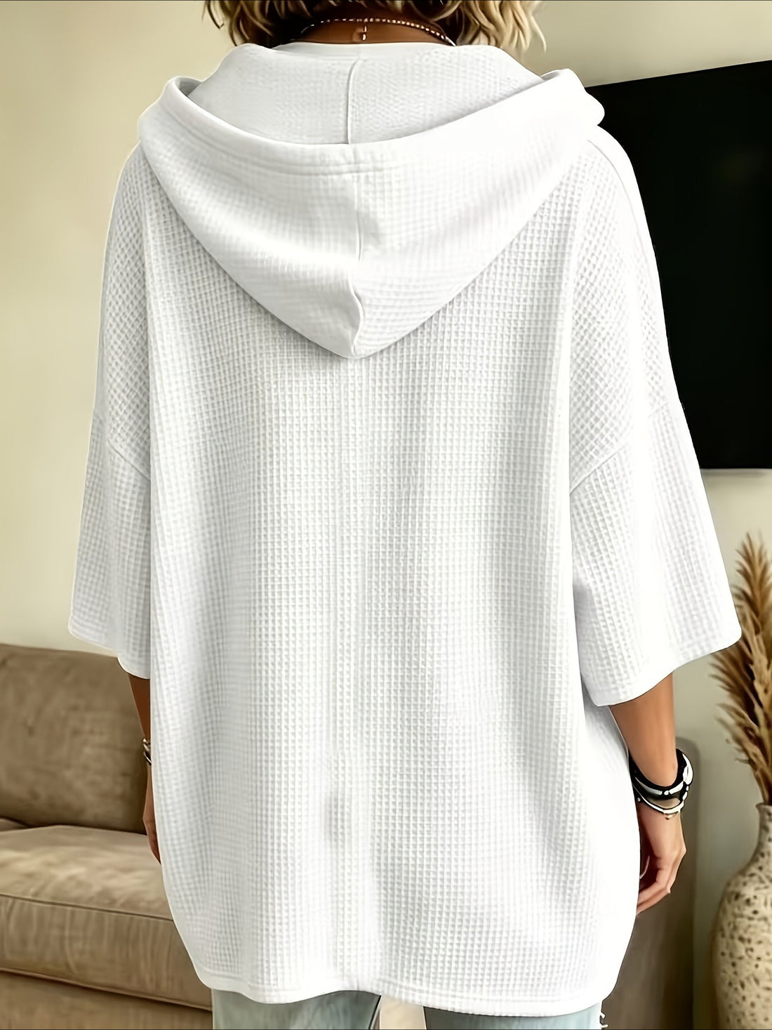 Elegant Casual Solid Color Loose Fit Hooded Fashion Waffle Sweatshirt
