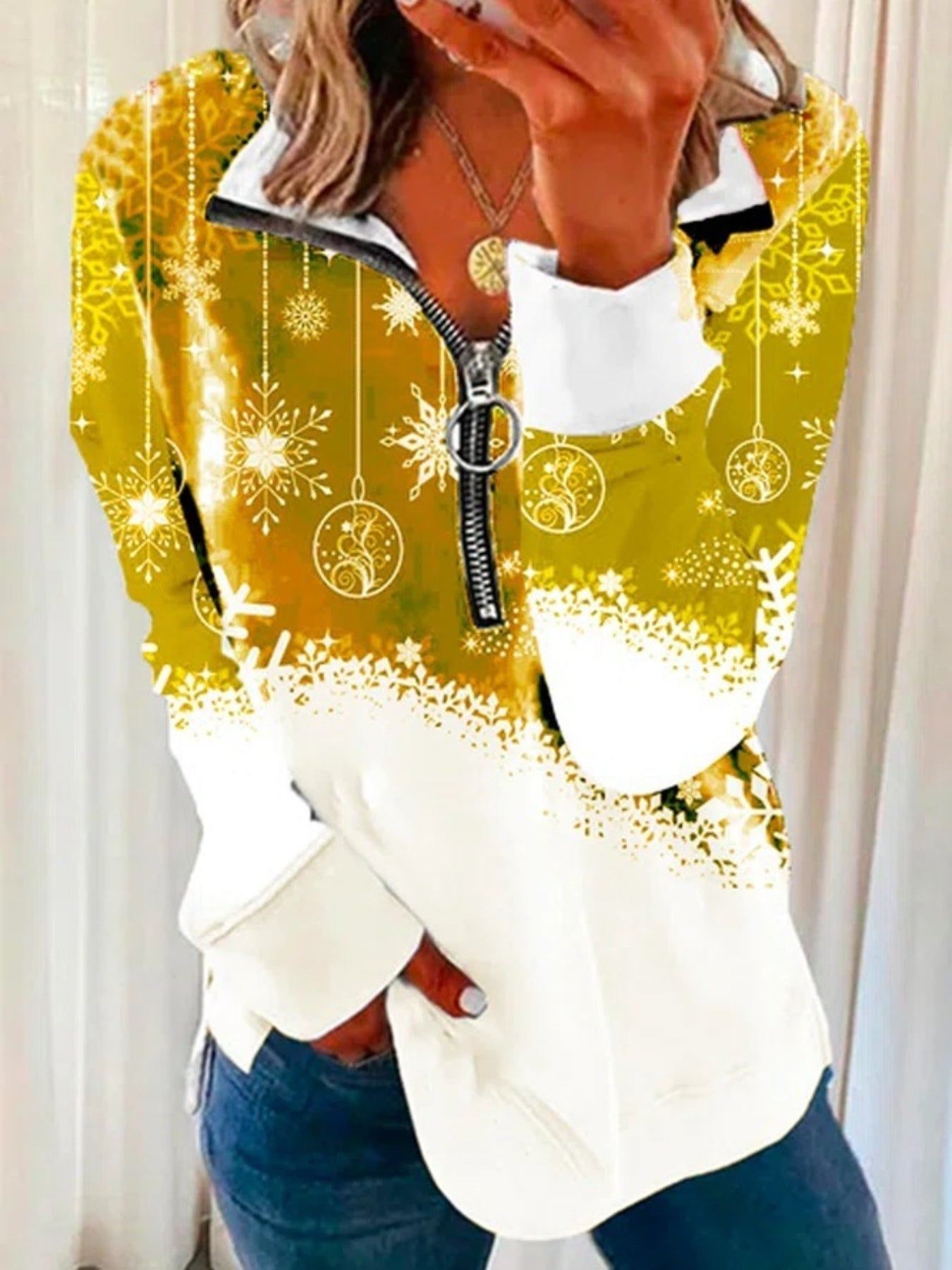 Christmas Print Zip Stand Collar Sweatshirt, Casual Long Sleeve Loose Sweatshirt