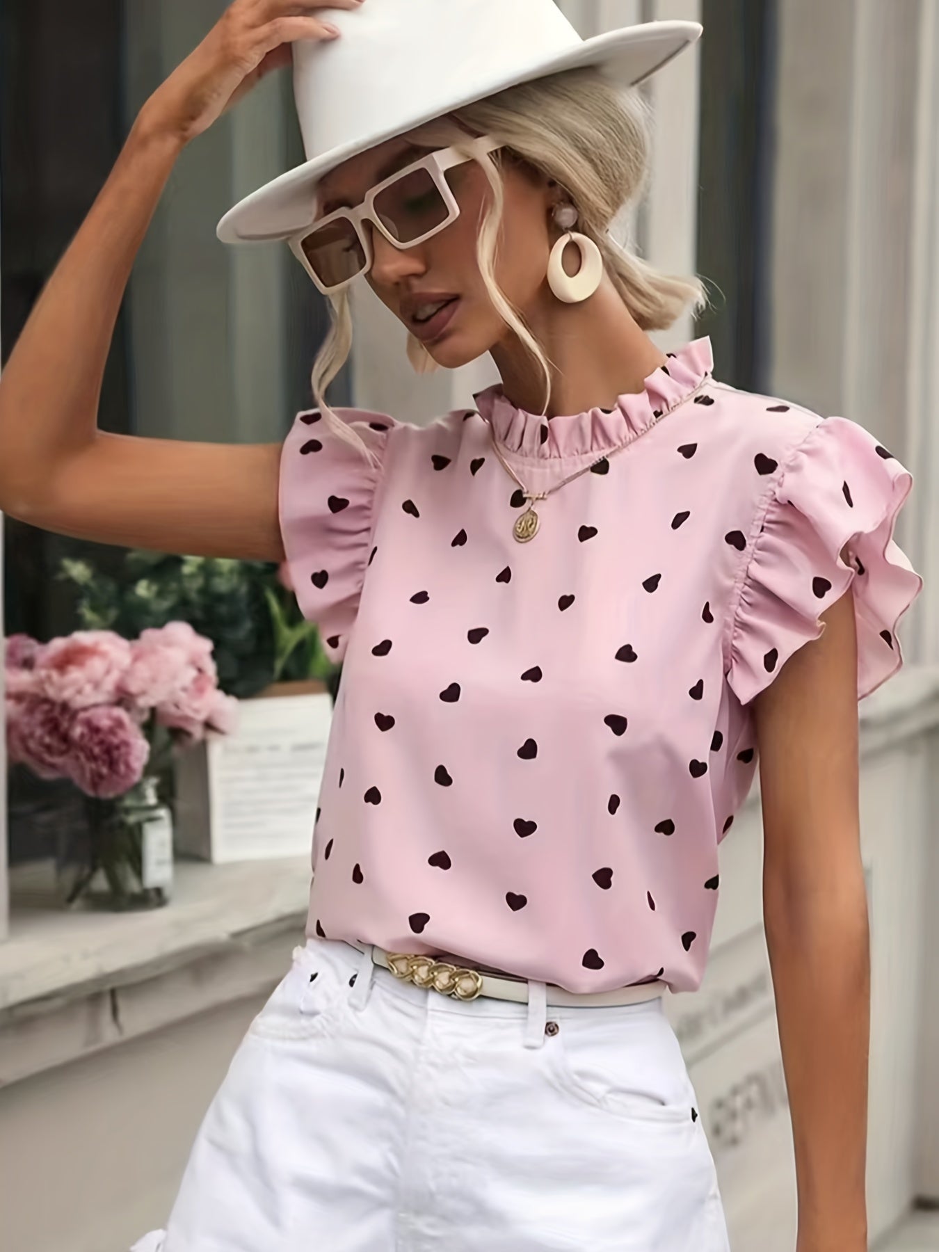 Heart Print Ruffle Trim Blouse, Casual Pleated Crew Neck Blouse