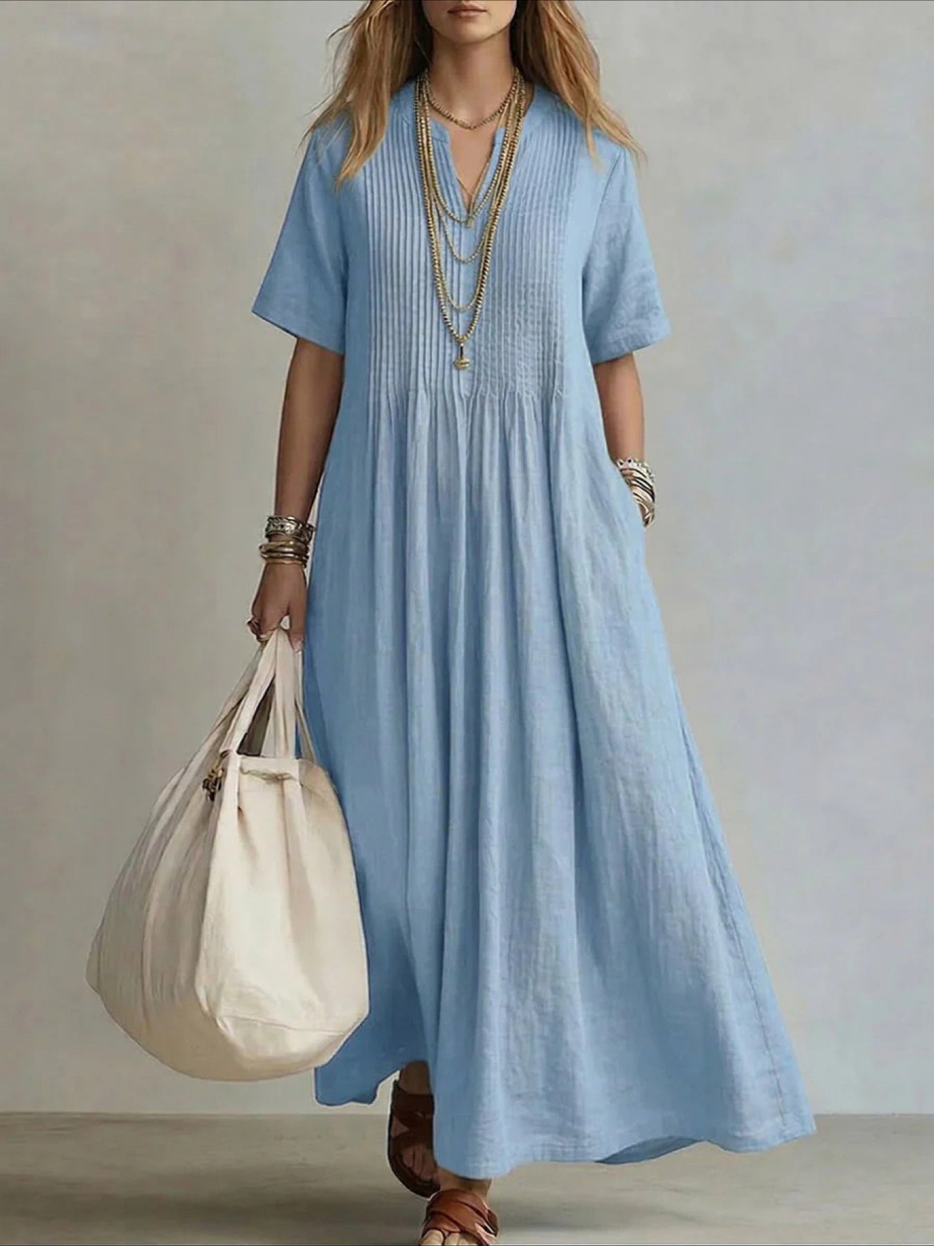 V-neck Short Sleeve Pleated Design Casual Loose Fit Maxi Dress