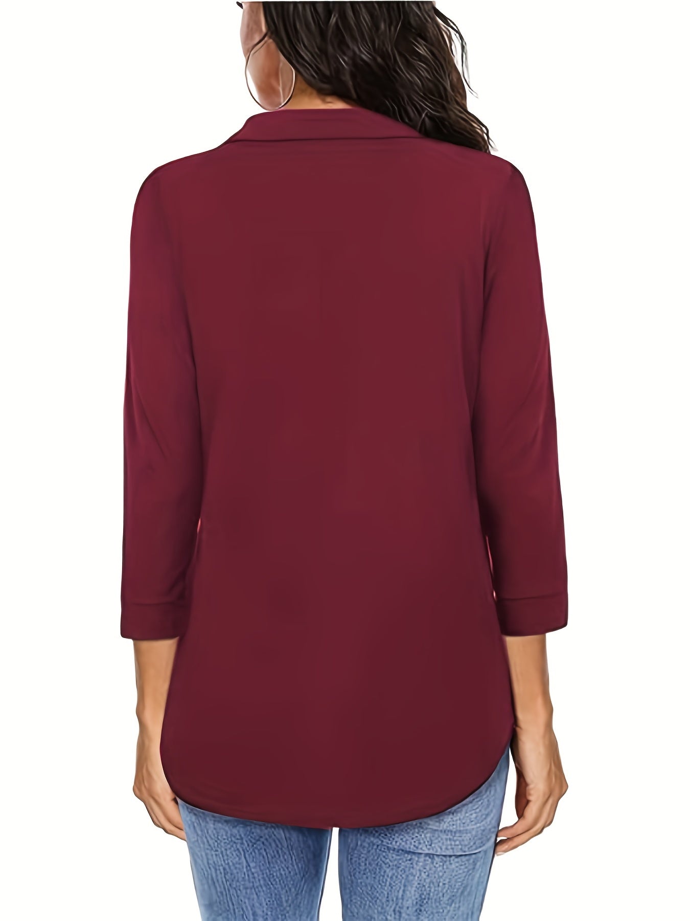 Solid V-neck Blouse, Casual 3/4 Sleeve Blouse