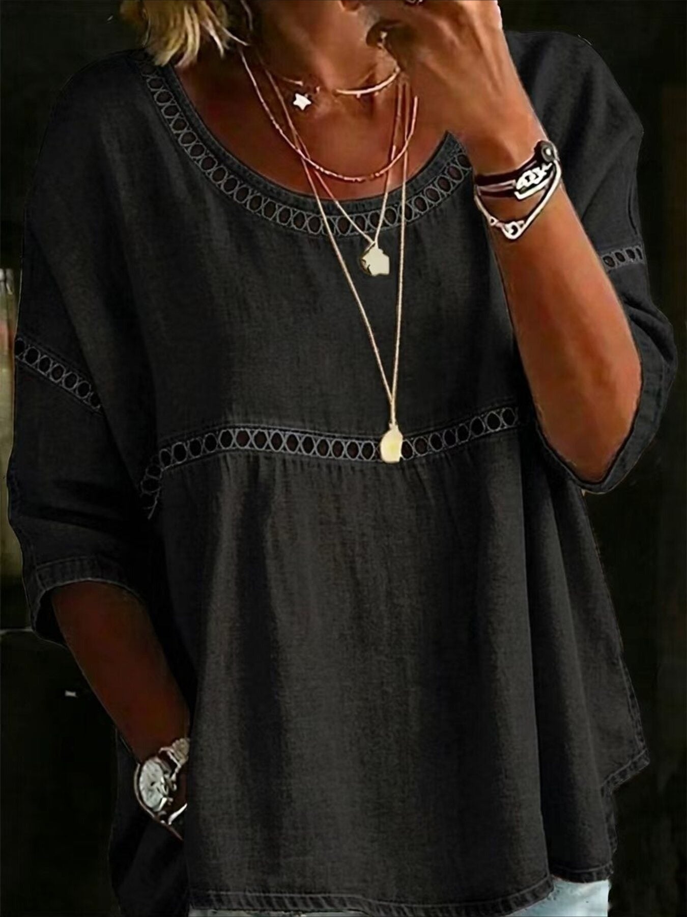 Printed Mid Sleeve Pleated Round Neck Top