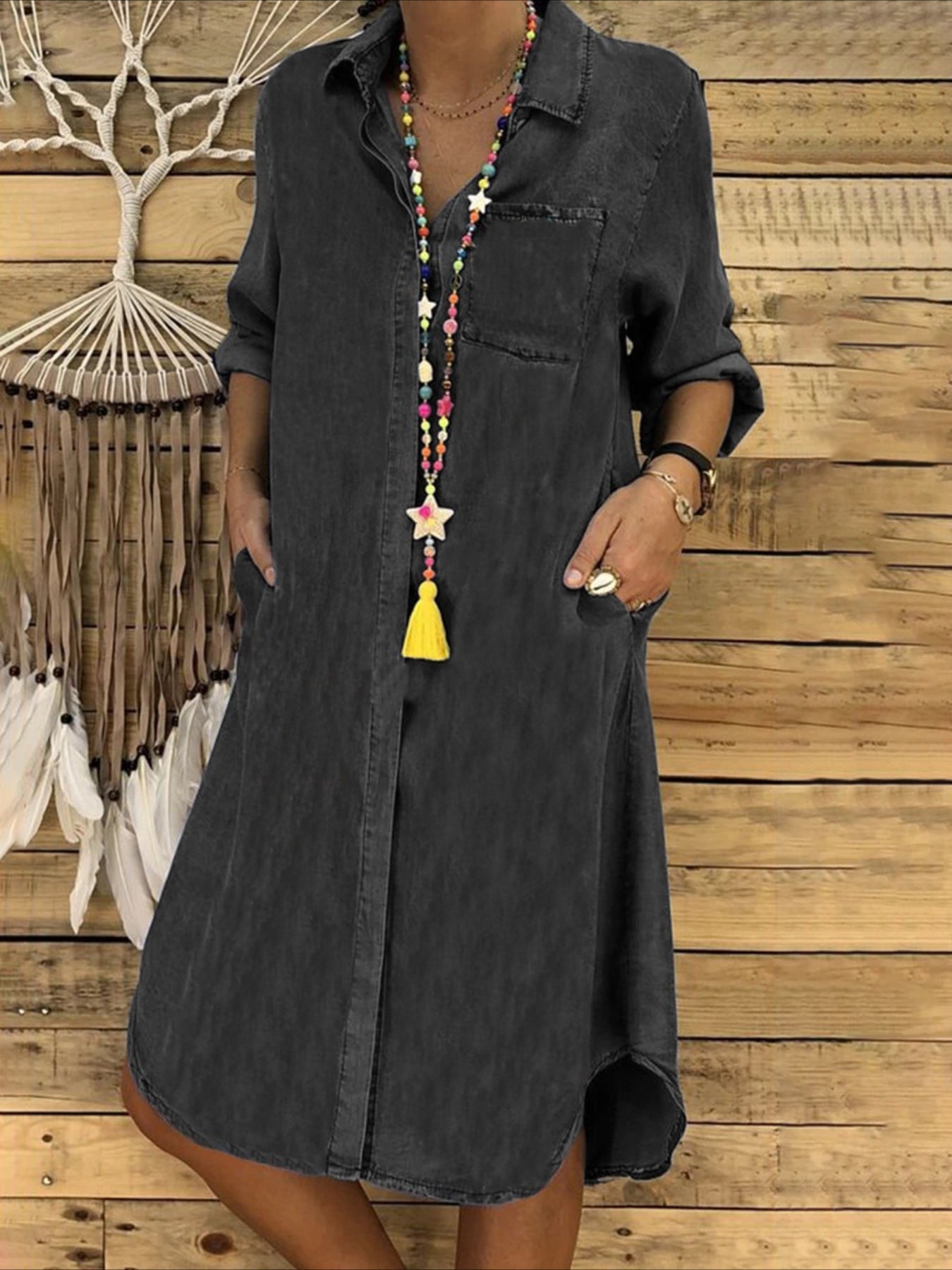 Lapel Button Front Denim Blouse Midi Dress