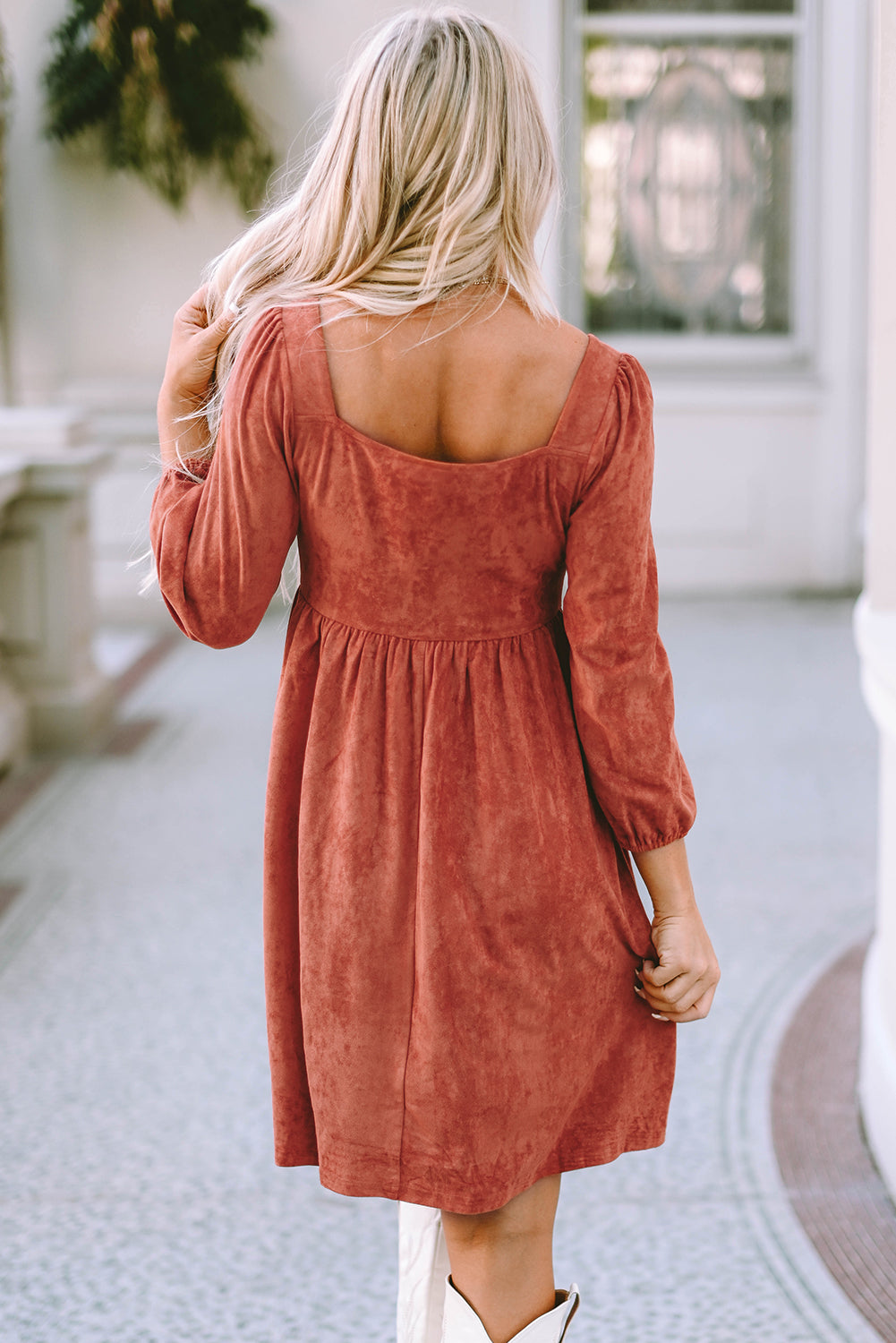 Brown Suede Square Neck Puff Sleeve Dress