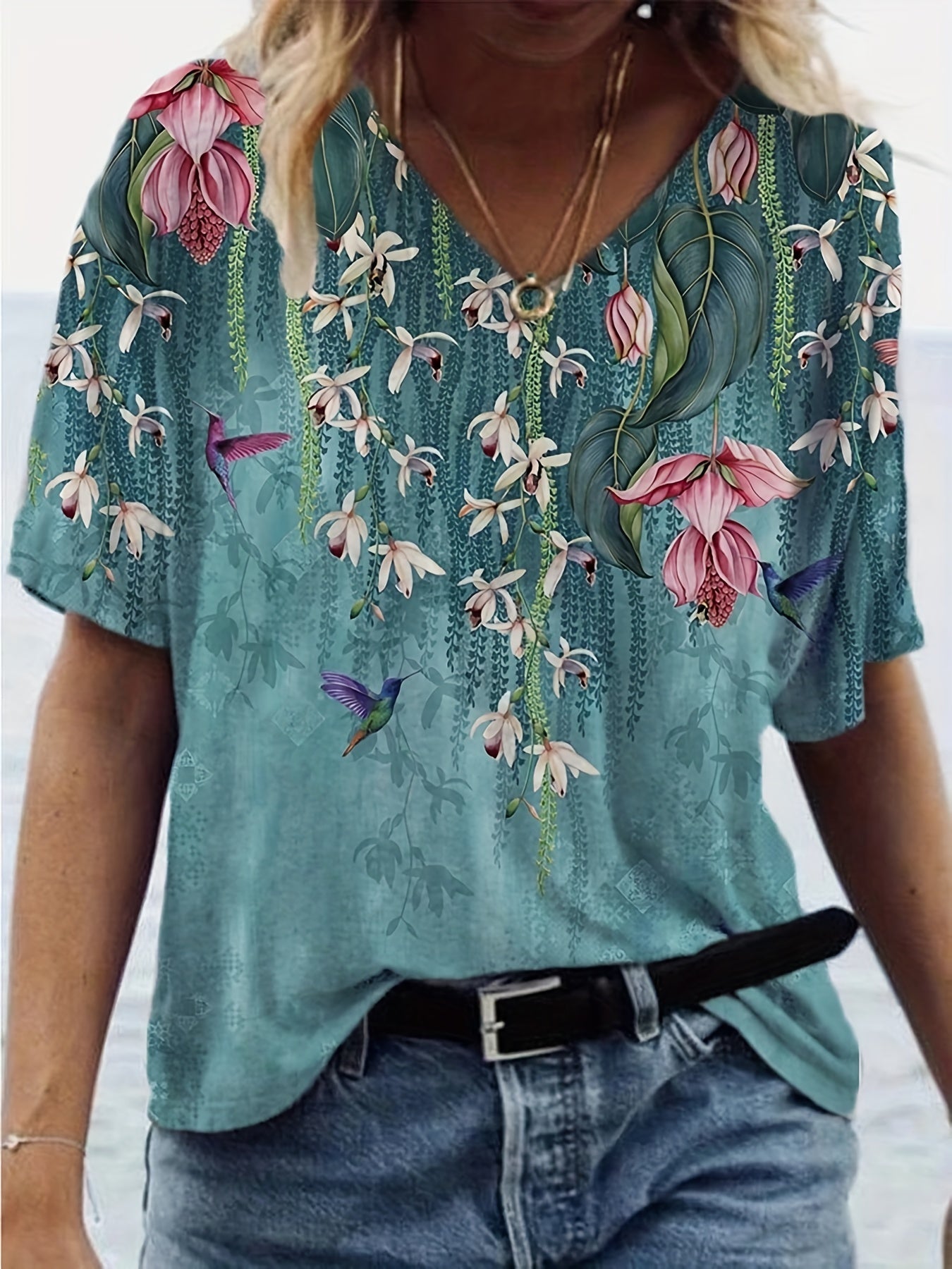 Floral Print V Neck T-Shirt, Short Sleeve Casual Top