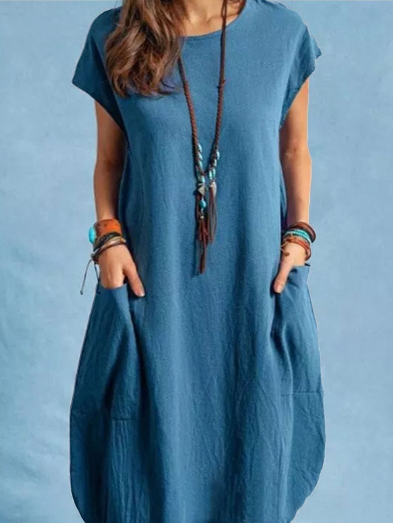 Dual Pockets Crew Neck Dress, Casual Short Sleeve Dress