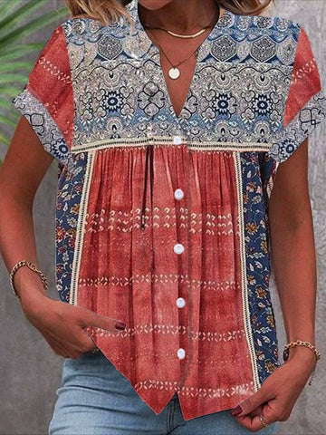 Random Print Short Sleeve Shirt Summer Notched Daily Casual Top