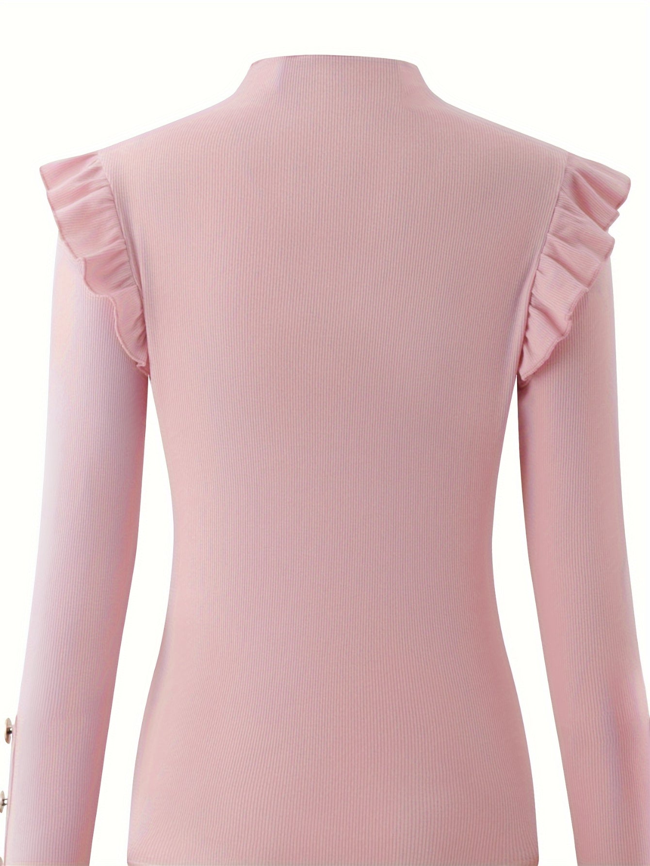 Solid Mock Neck Ruffle Trim Tee, Elegant Long Sleeve Slim T-shirt