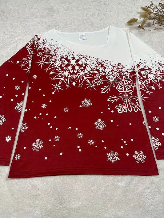 Snowflake Print Slant V Neck T-Shirt, Casual Long Sleeve Top