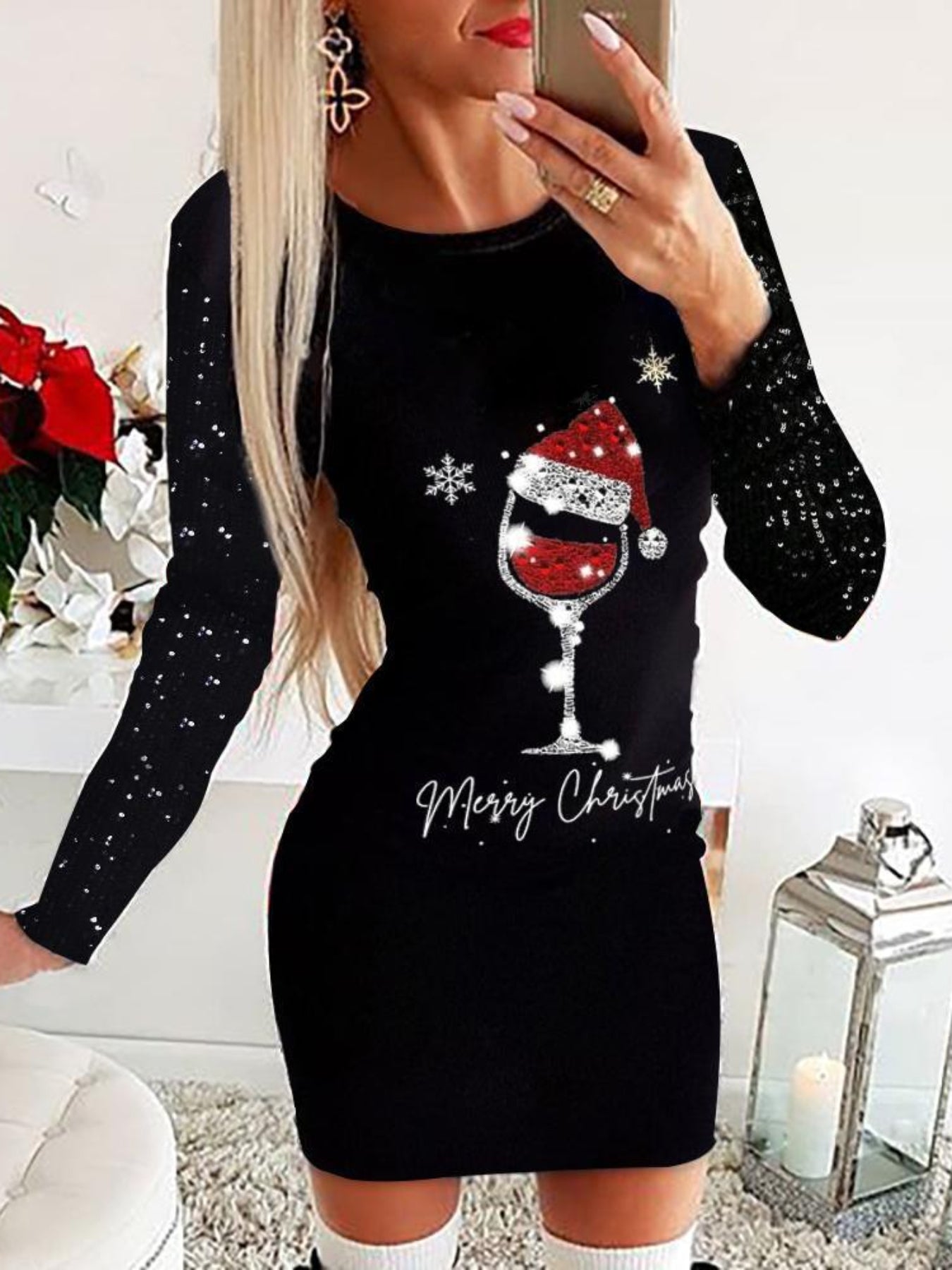 Christmas Snowflake Print Mini Dress, Casual Crew Neck Long Sleeve Dress