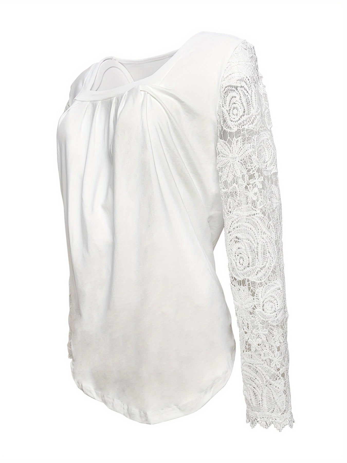 Lace Stitching T-Shirt, Casual Square Neck Long Sleeve T-Shirt
