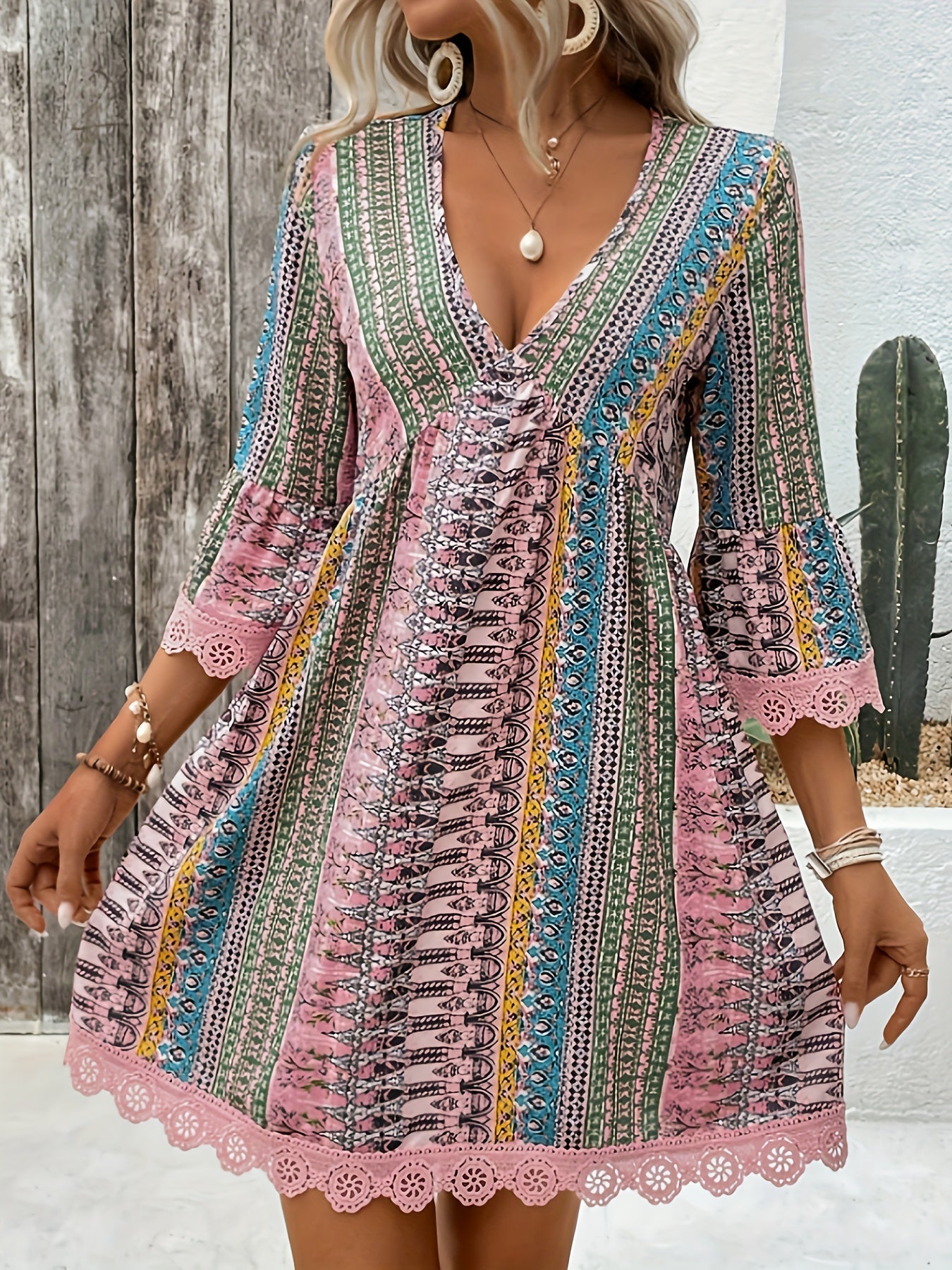 3/4 Sleeve Striped V-neck Trapeze Dress