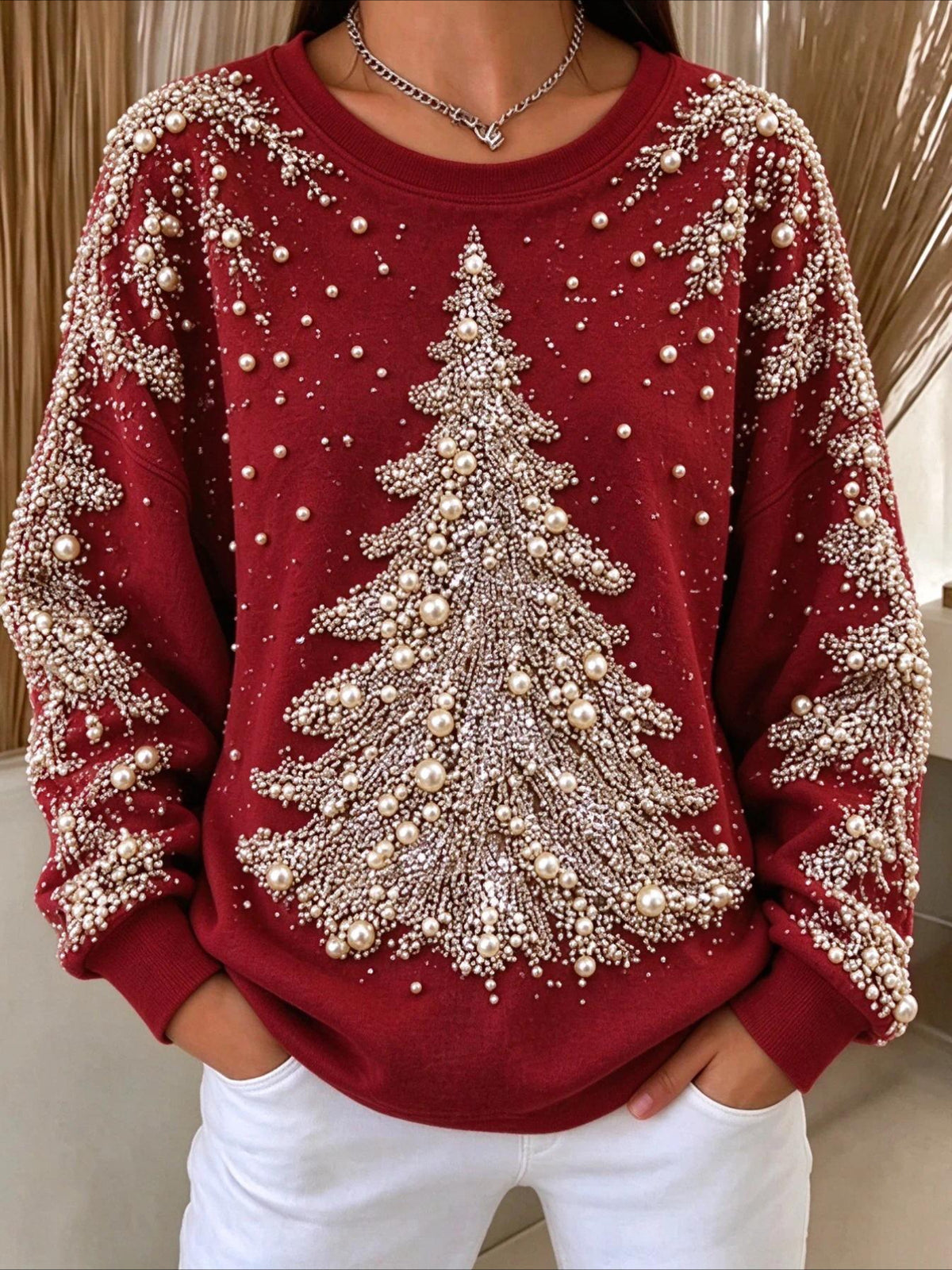 Christmas Tree Printed Crew Neck Long Sleeve Sweater Hoodie