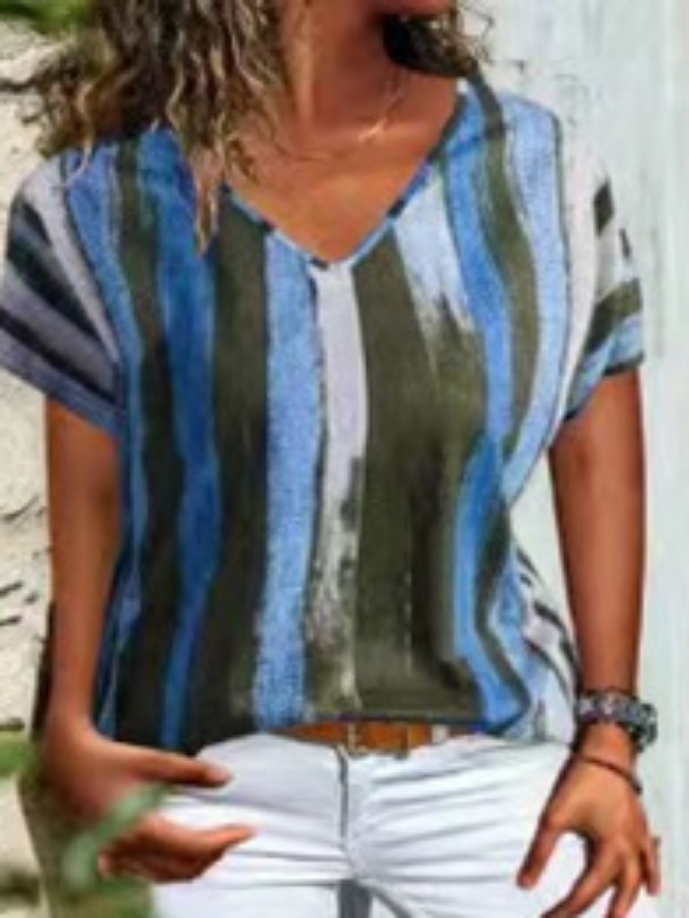 Geometric Graphic Print V Neck T-shirt, Casual Loose Short Sleeve Summer T-Shirts Tops