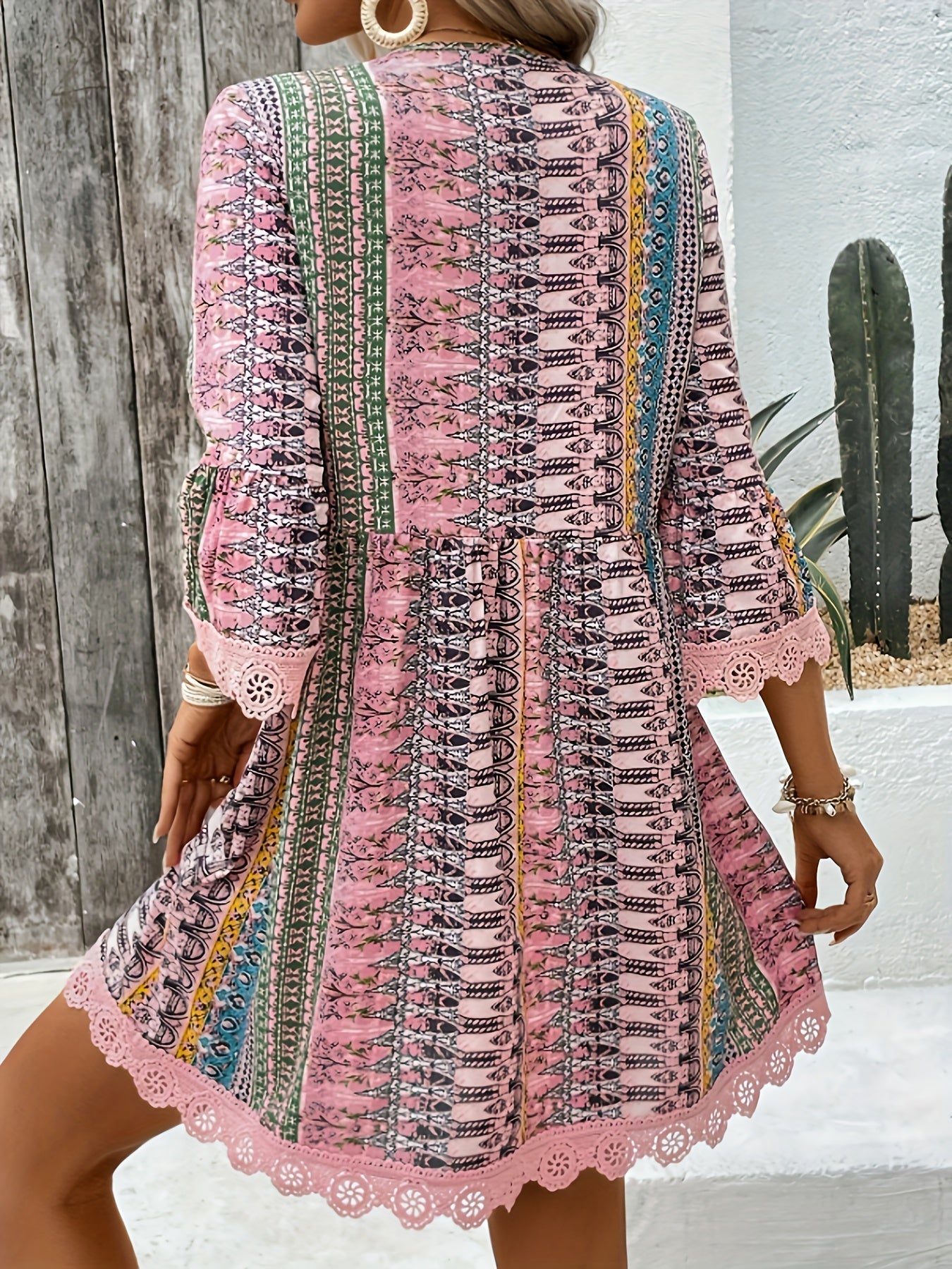 3/4 Sleeve Striped V-neck Trapeze Dress