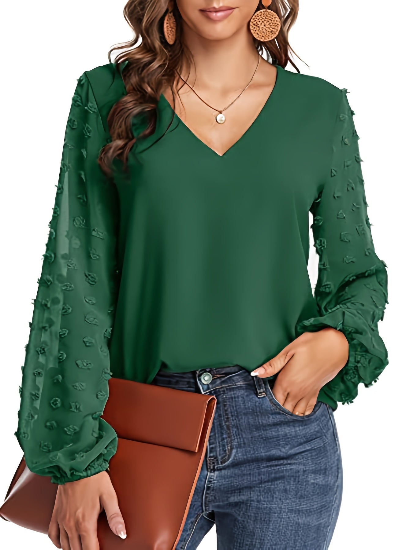 Swiss Dot Sleeve Shirt, Casual V Neck Solid Shirt
