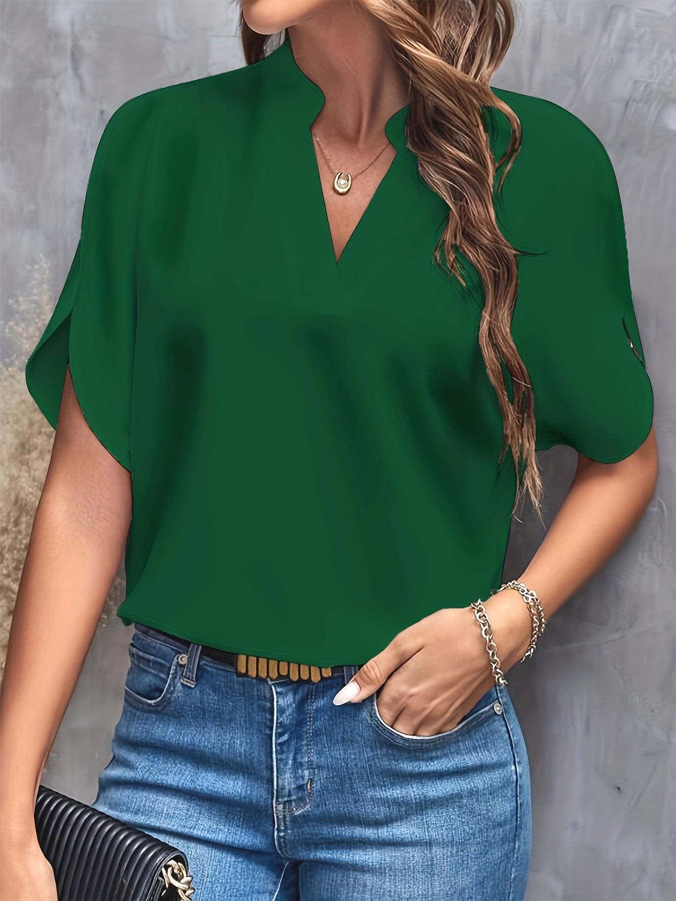 Women's Casual Notch Neck Blouse with Split Sleeves