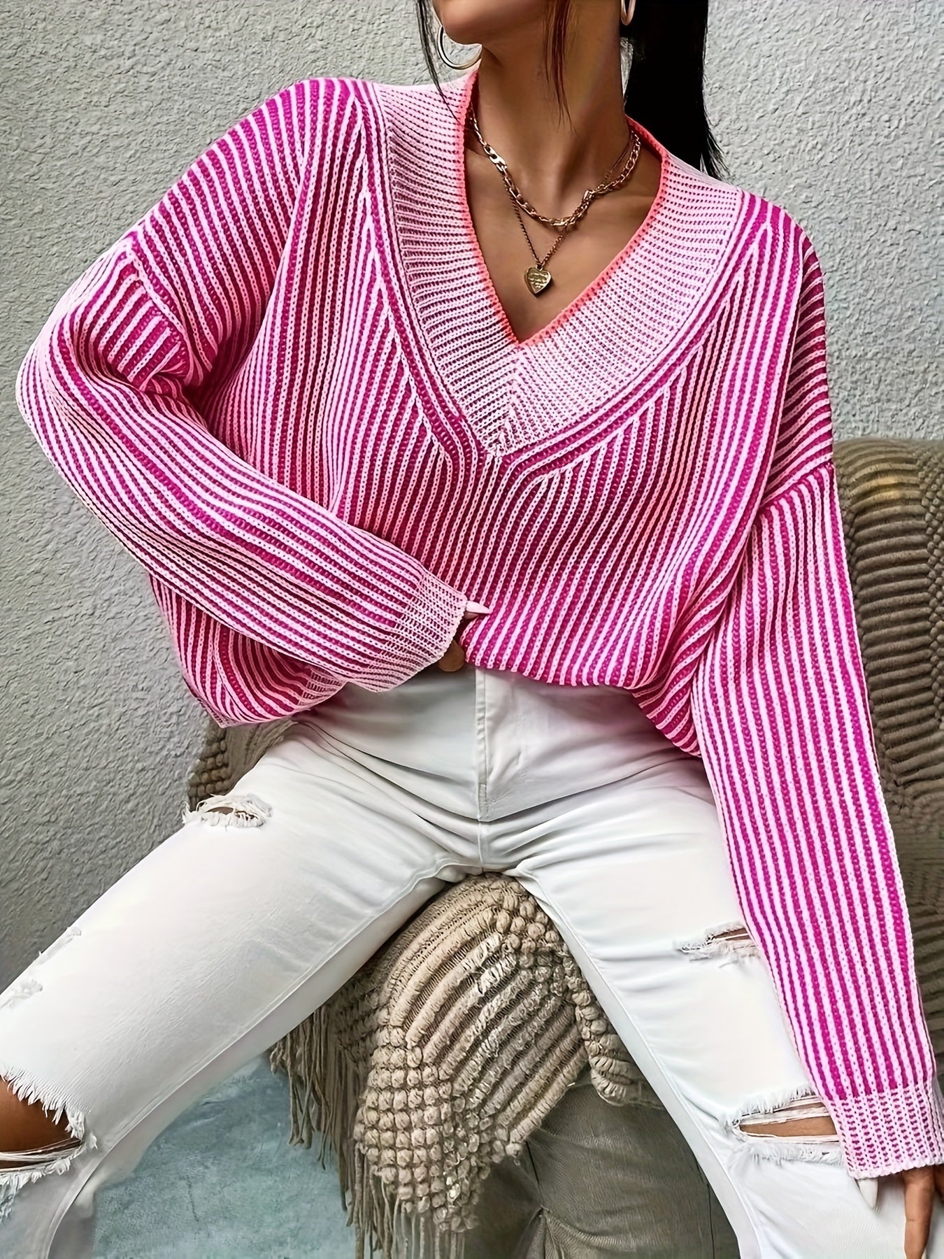 Striped V Neck Loose Sweater, Casual Long Sleeve Sweater