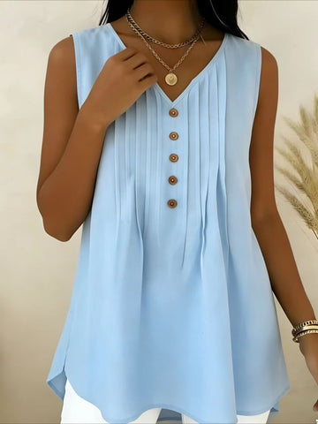 Elegant V Neck Sleeveless Button Summer Vacation Casual Tank Top