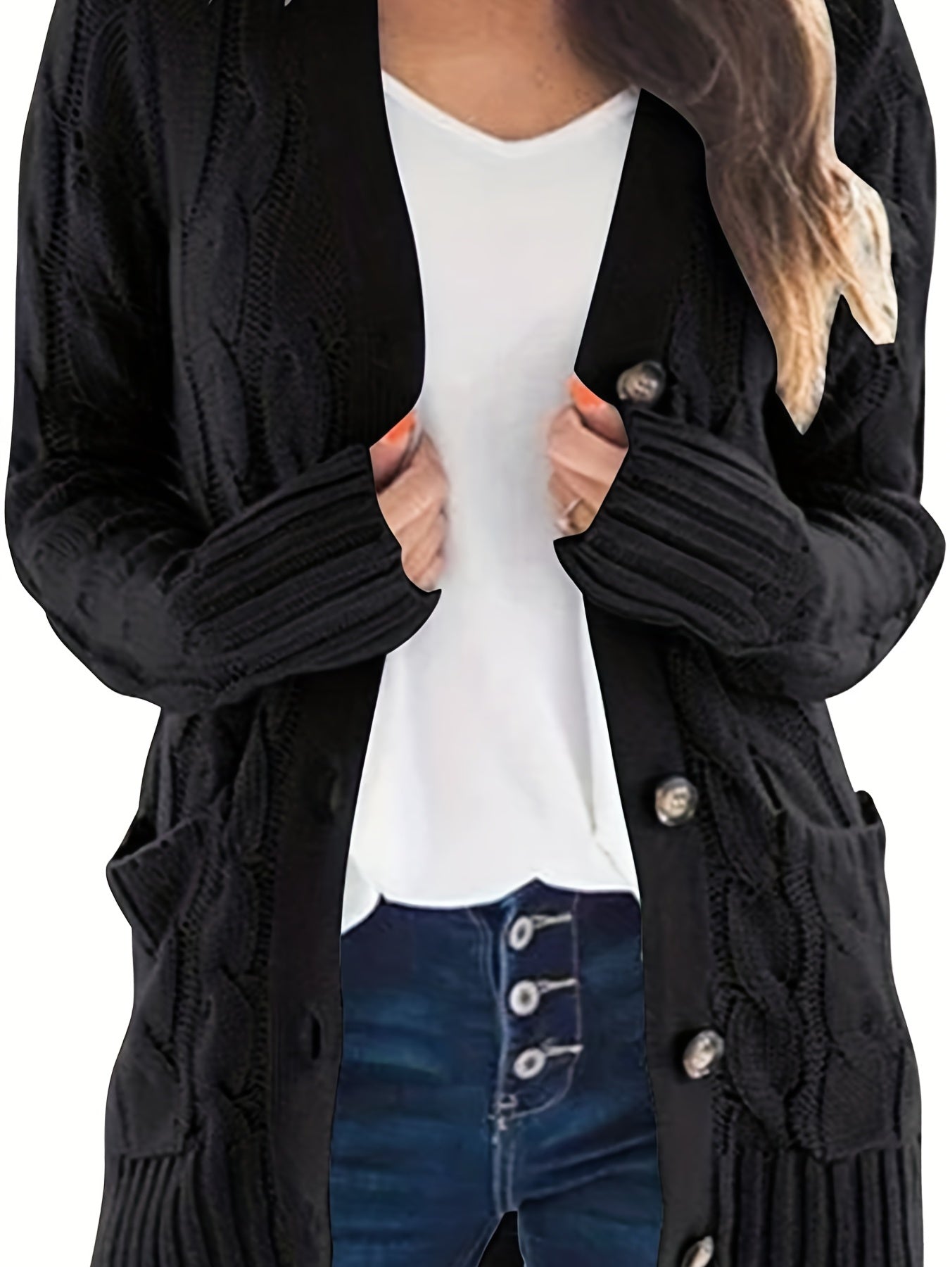 Cable Knit Button Front Cardigan, Casual Solid Long Sleeve Cardigan