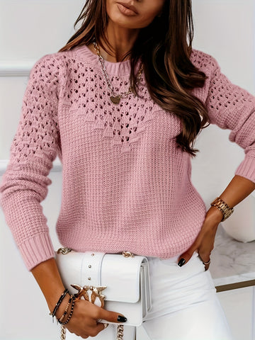 Knitted Cut Out Pullover Sweater, Casual Crew Neck Long Sleeve Sweater