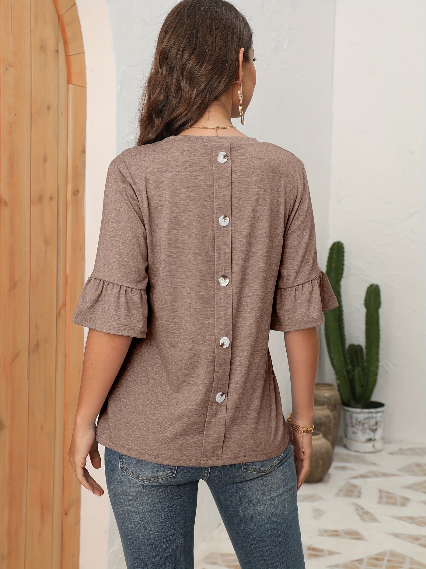 Button Back Solid T-shirt, Casual Crew Neck Half Sleeve T-shirt
