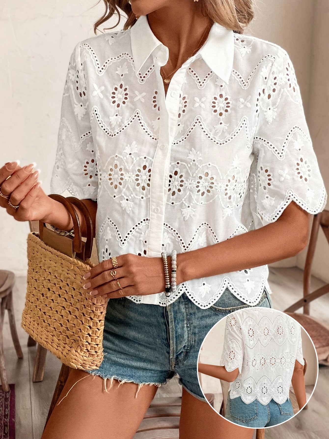 Elegant Lapel Collar Solid Color Short Sleeve Shirt with Hollow Out Design