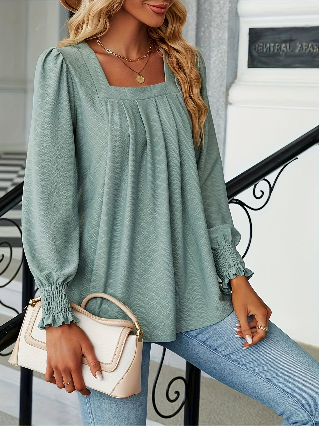 Elegant T-shirt, Women's  Argyle Textured Shirred Lantern Sleeve Square Neck Ruched Top