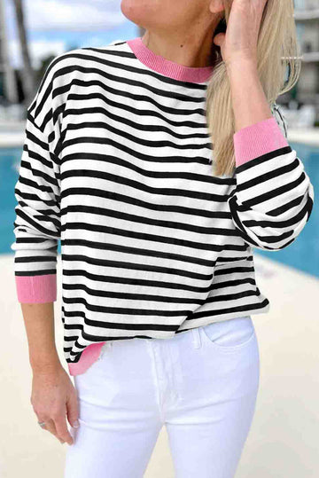 Black Striped Contrast Edge Long Sleeve Top