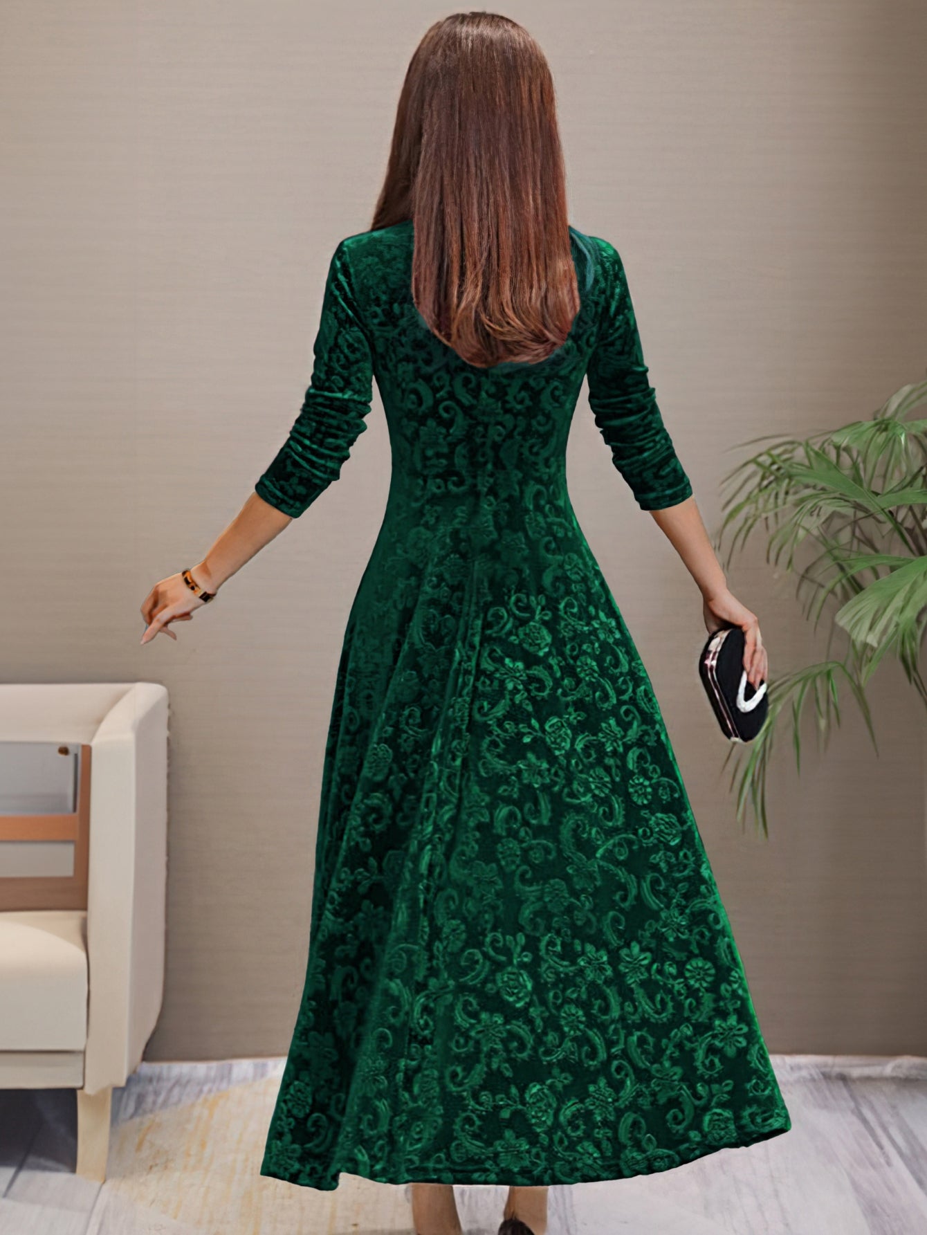 Solid Color Long Sleeve Dress, Elegant V Neck Flared Dress