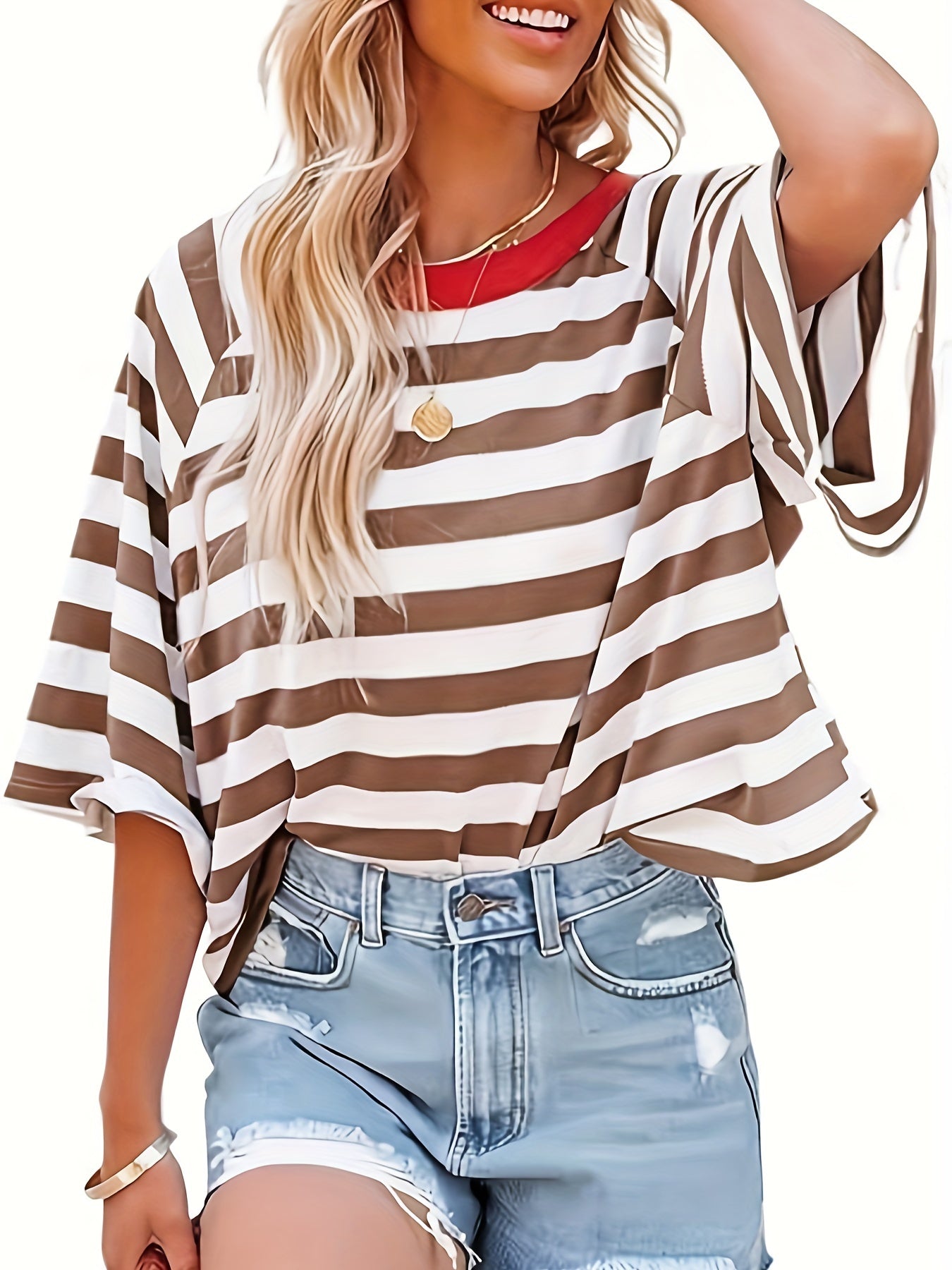 Striped Drop Shoulder Loose T-Shirt, Casual Short Sleeve T-Shirt