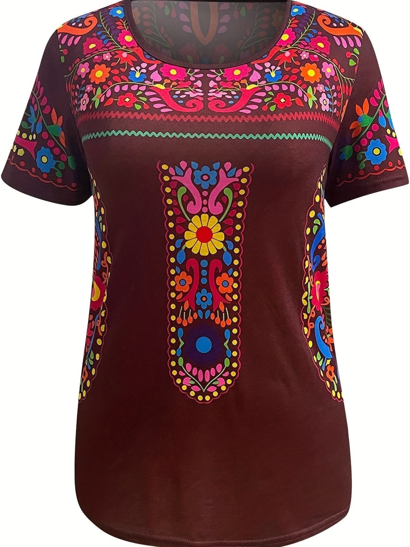 Floral Print Ethnic T-shirt, Boho Crew Neck Short Sleeve Summer T-shirt