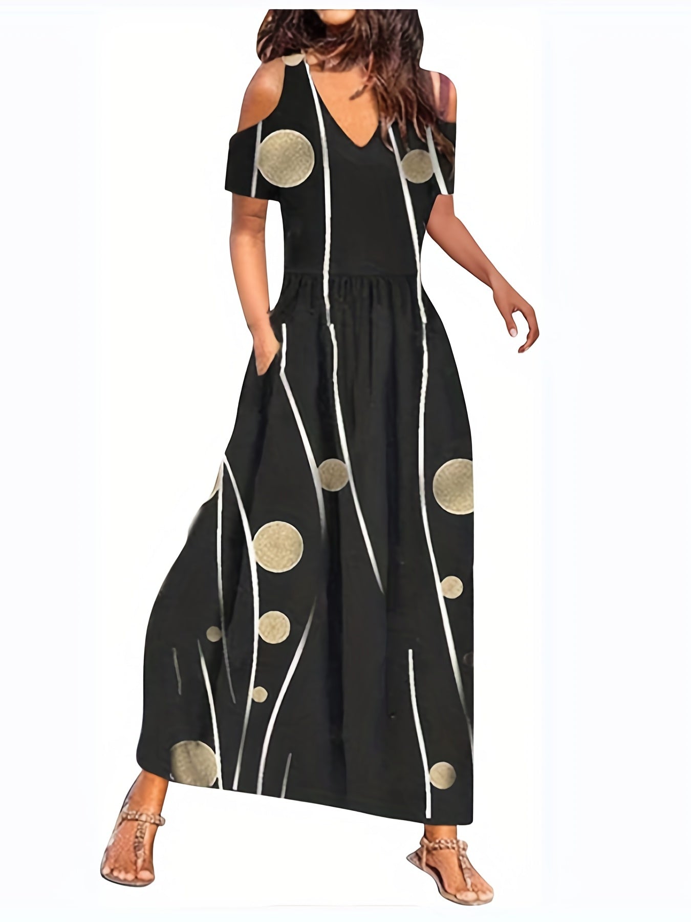 Floral Print Cold Shoulder Dress, Boho Casual V Neck Short Sleeve Ankle Dress