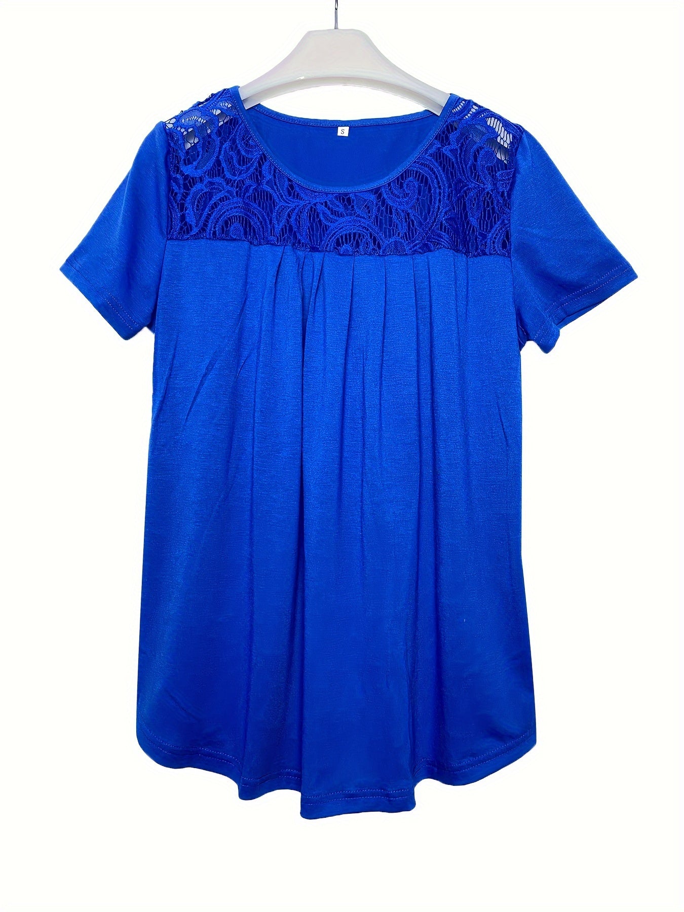Women's Contrast Lace Ruched T-Shirt - Casual Short Sleeve Top