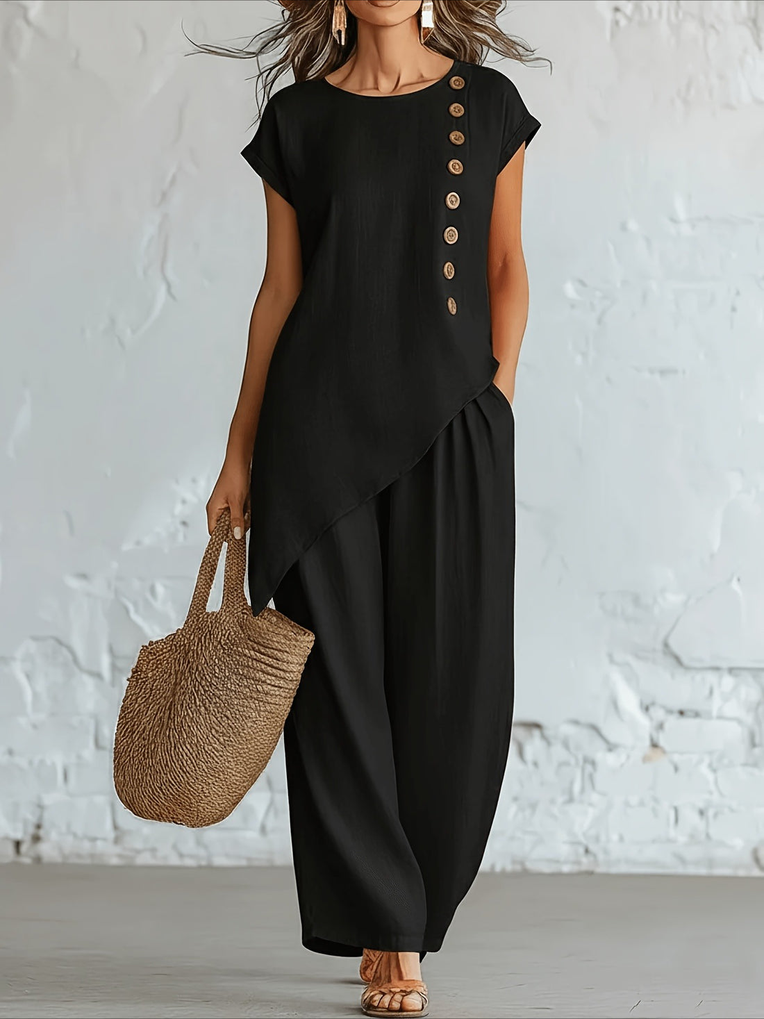 2pcs Set Button Detail Asymmetrical Hem Top & Wide Leg Pants Outfit