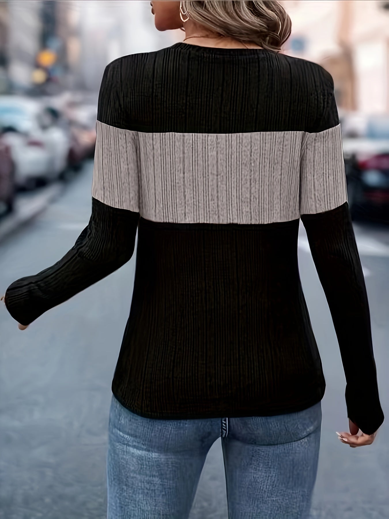 Ribbed Color Block V Neck T-Shirt, Elegant Long Sleeve T-Shirt