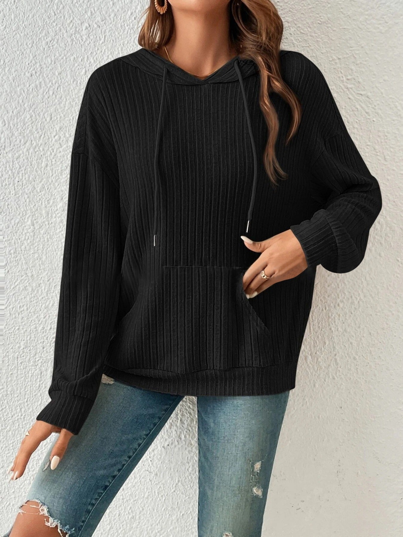 Women's Ribbed Knit Long Sleeve Drawstring Medium Stretch Hooded Sweater With Kangaroo Pocket