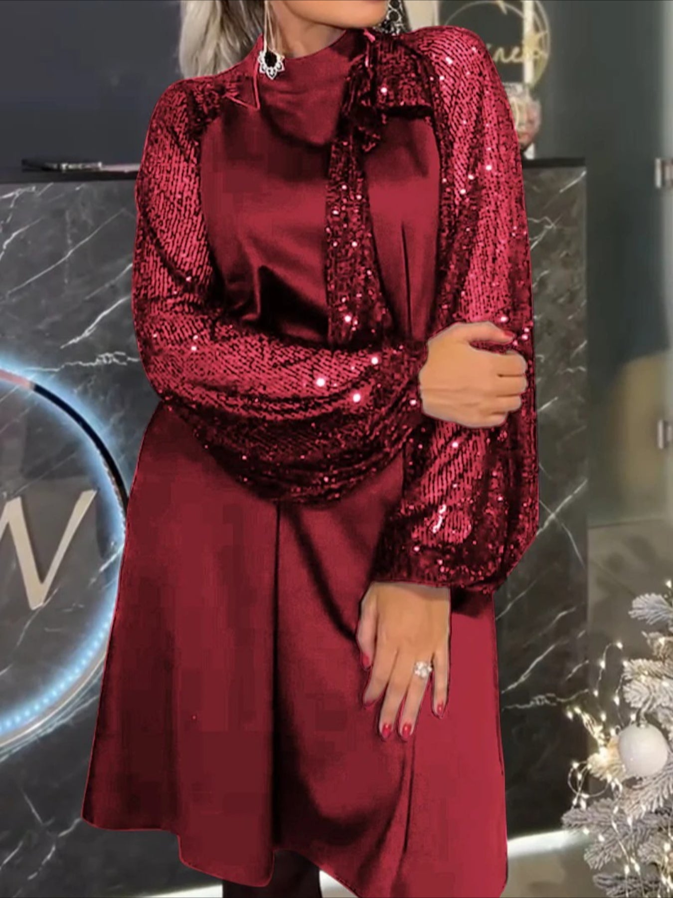 Long Sleeve Spring/Fall Red Plain Split Joint Crew Neck Vintage A-Line Sequin Midi Dress