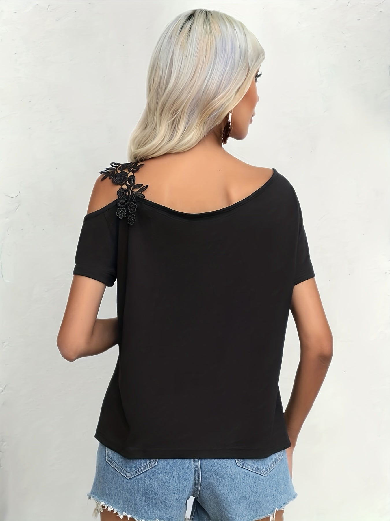 Women's Guipure Lace Asymmetrical Neck Short Sleeve T-Shirt