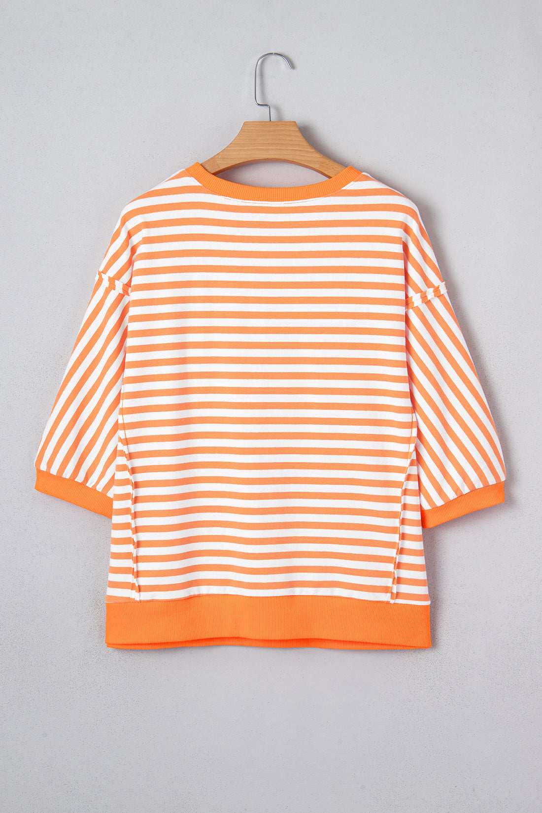Orange Stripe 3/4 Sleeve Exposed Seam Patchwork Pullover Top