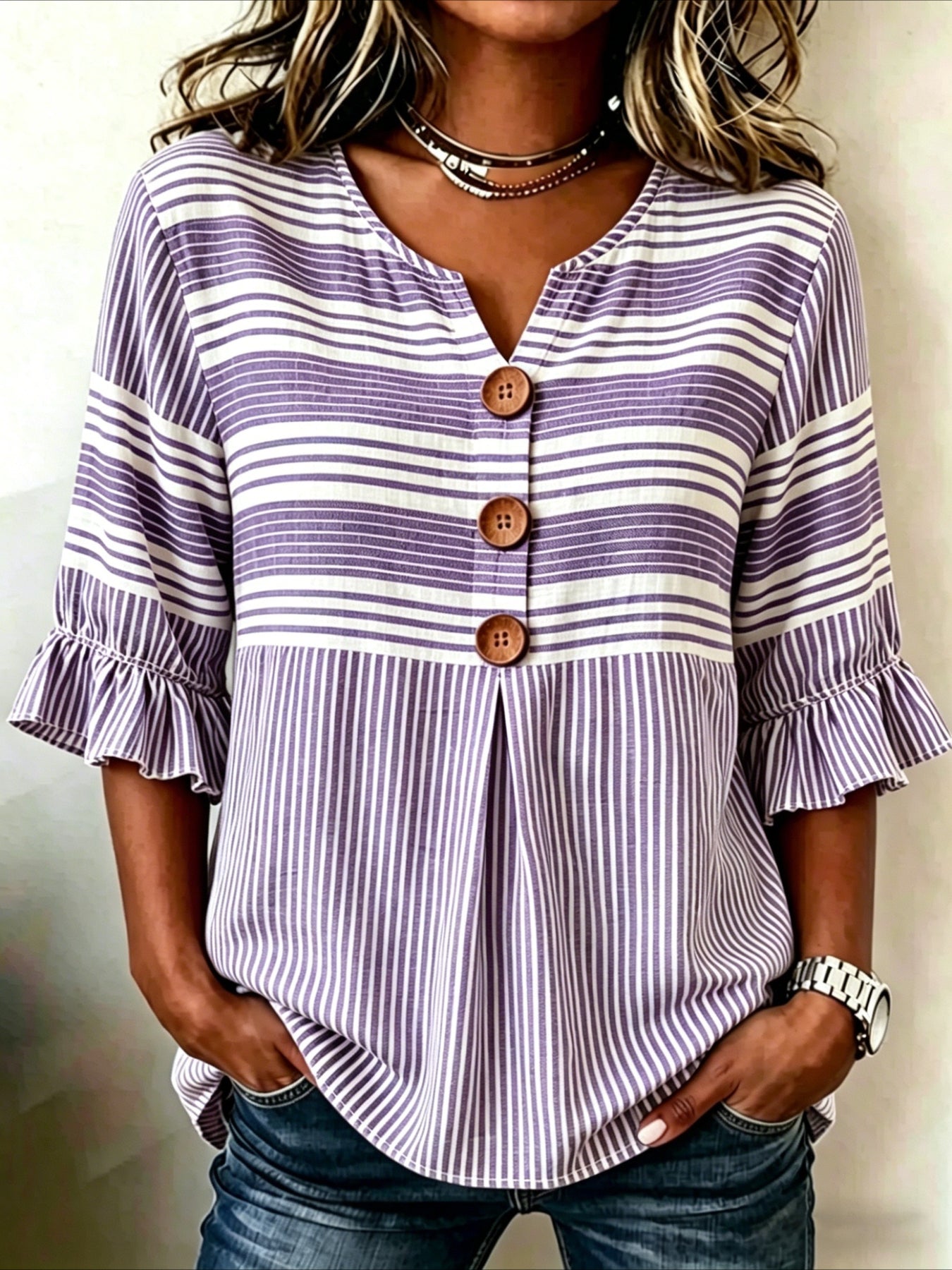 Striped Print V Neck Button Short Ruffle Sleeve Casual Top