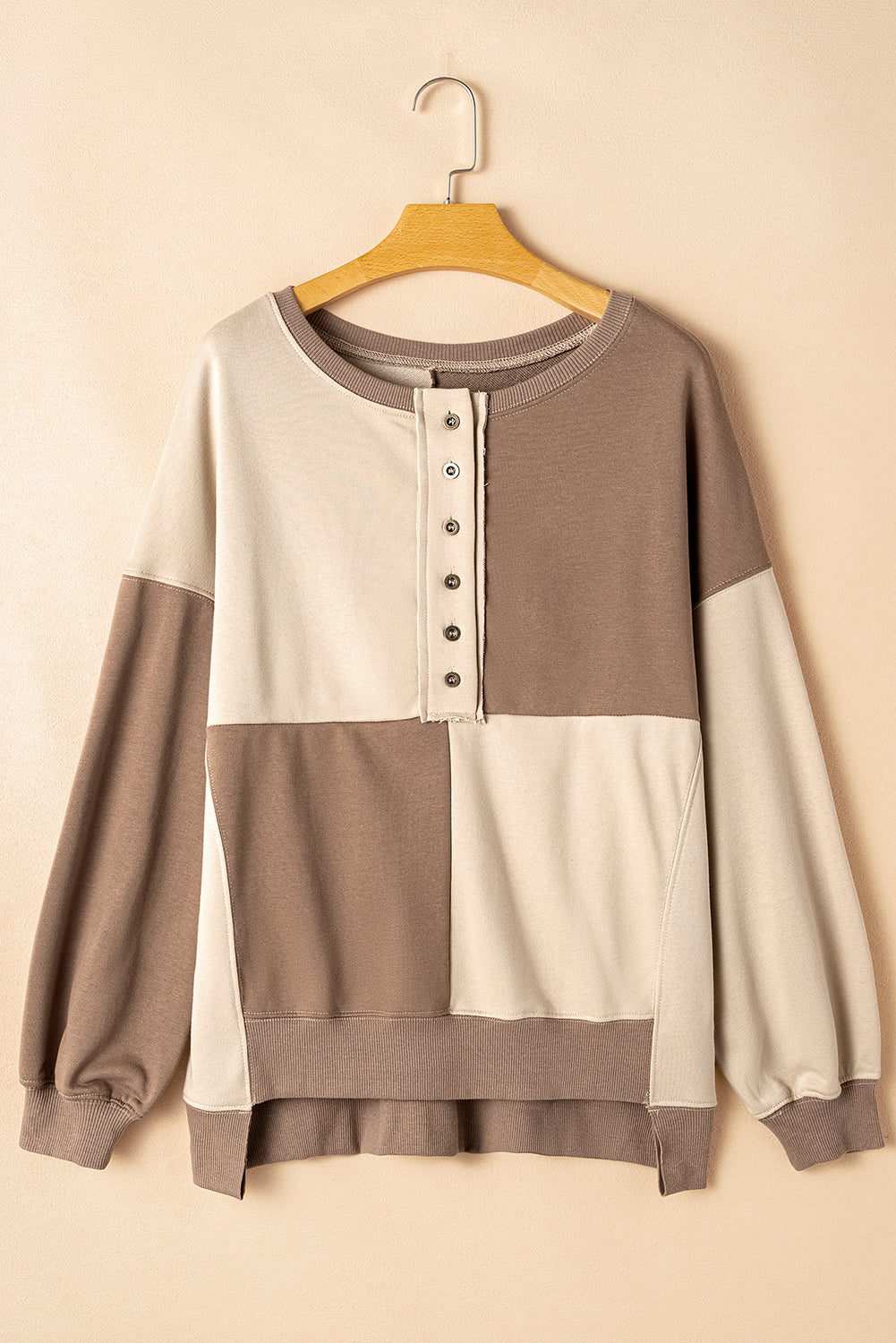 Parchment Colorblock Henley High Low Oversize Sweatshirt